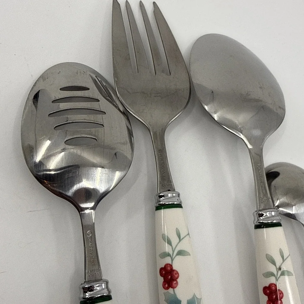 Pfaltzgraff Winterberry Hostess Serving Utensil Set 5 Pc White Handle Holly Berr